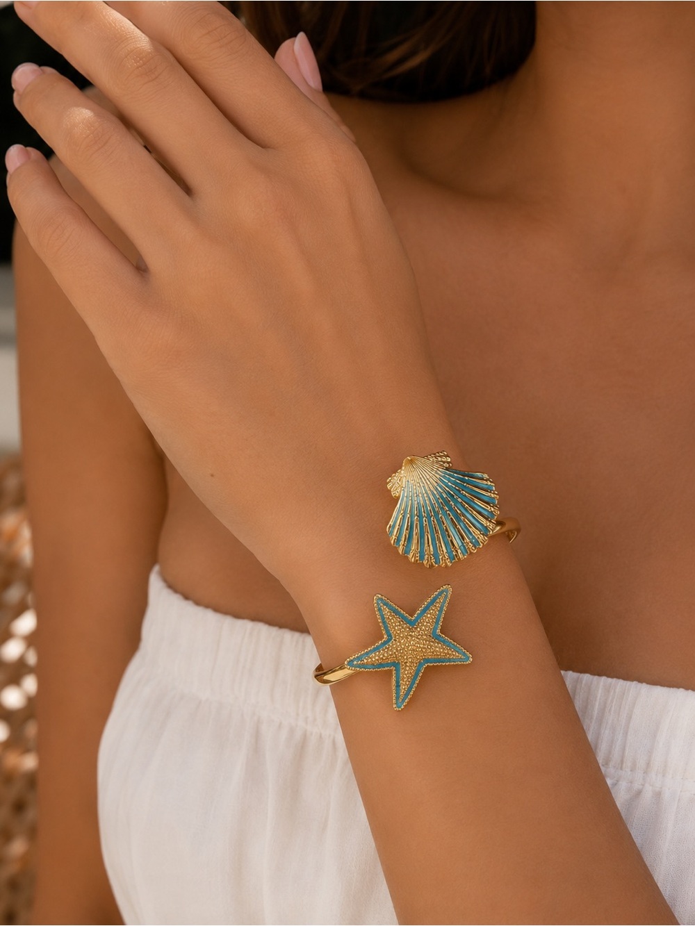 Coastal Starfish & Seashell Gold Cuff Bracelet Beach Vacation Jewelry